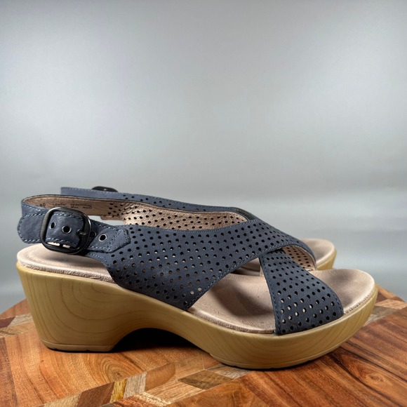 Dansko Shoes - Dansko Womens Blue Perforated Leather Wedge Sandals Size 40 Buckle Strap Comfort